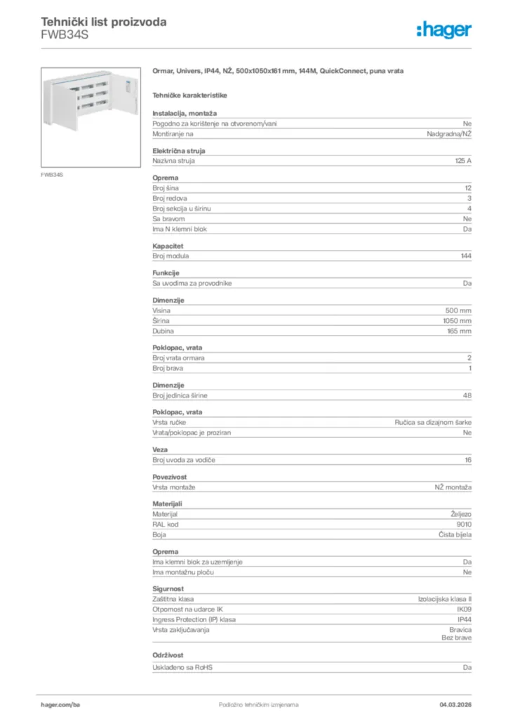 Slika Hager Tehnički list proizvoda FWB34S  | Hager