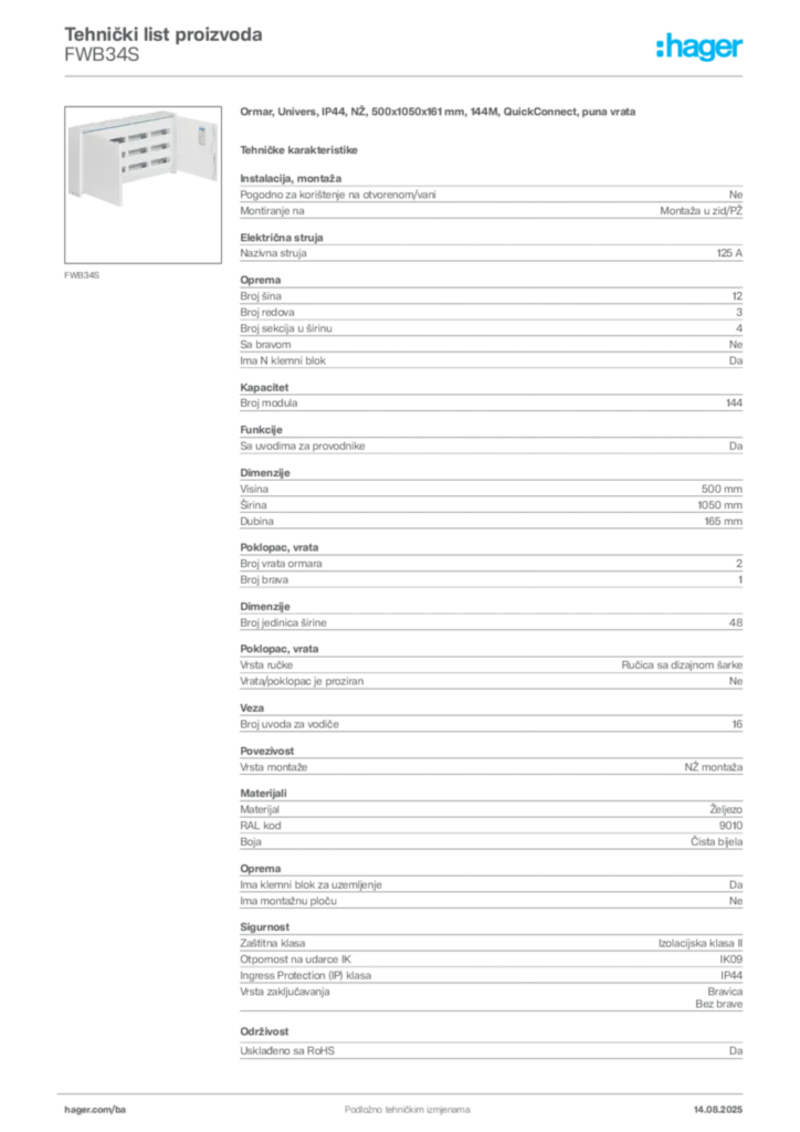 Slika Hager Product data sheet FWB34S  | Hager