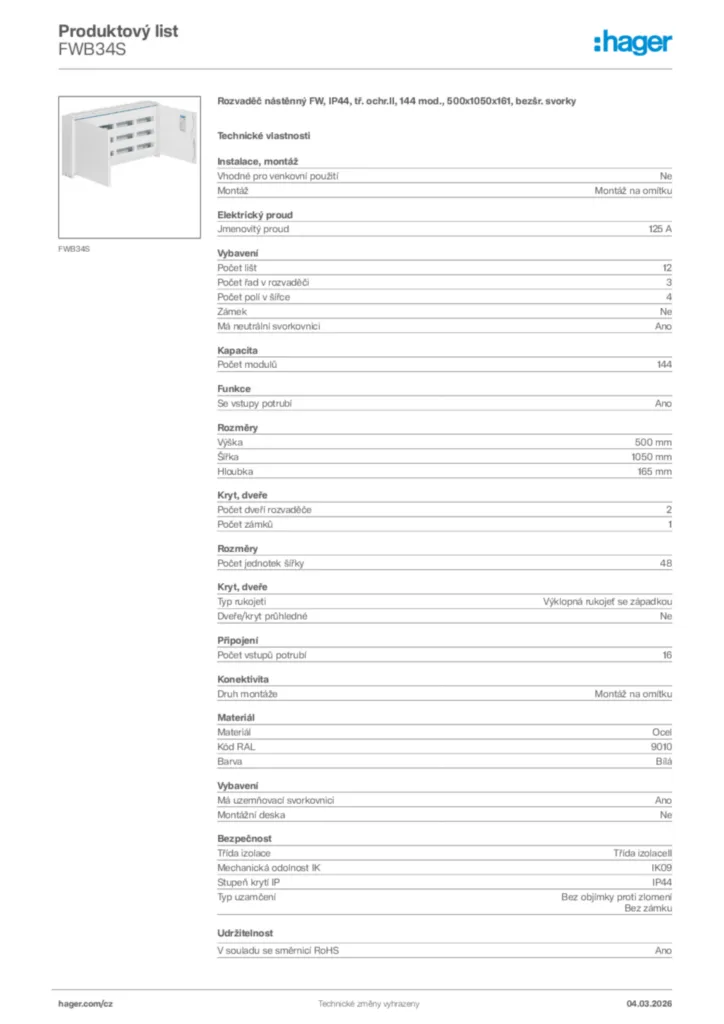 Obrázek Hager Product data sheet FWB34S | Hager