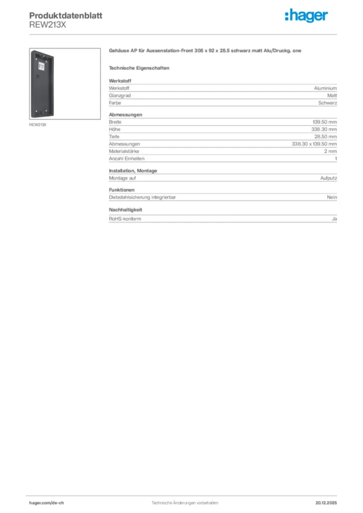 Bild Hager Produktdatenblatt REW213X | Hager Schweiz