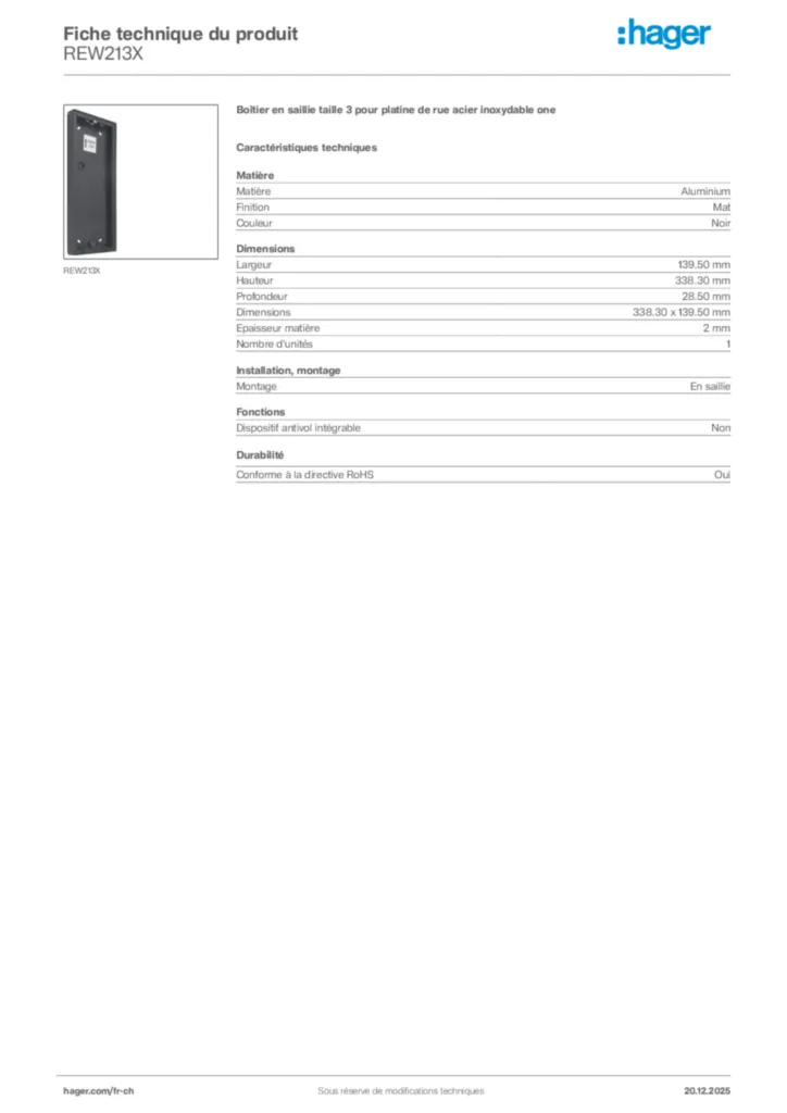 Image Hager Fiche technique du produit REW213X | Hager Suisse