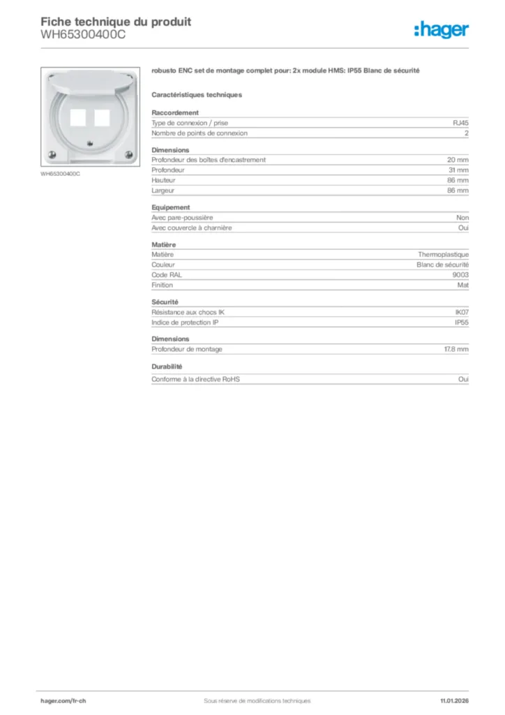 Image Hager Fiche technique du produit WH65300400C | Hager Suisse