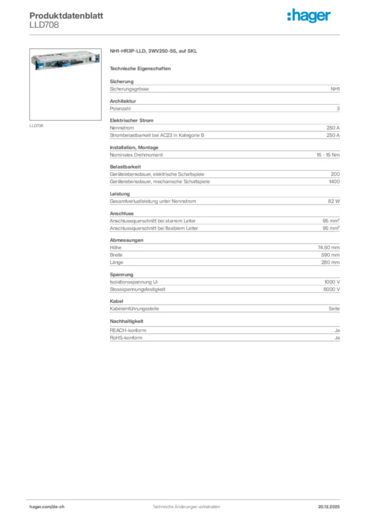 Bild Hager Produktdatenblatt LLD708 | Hager Schweiz
