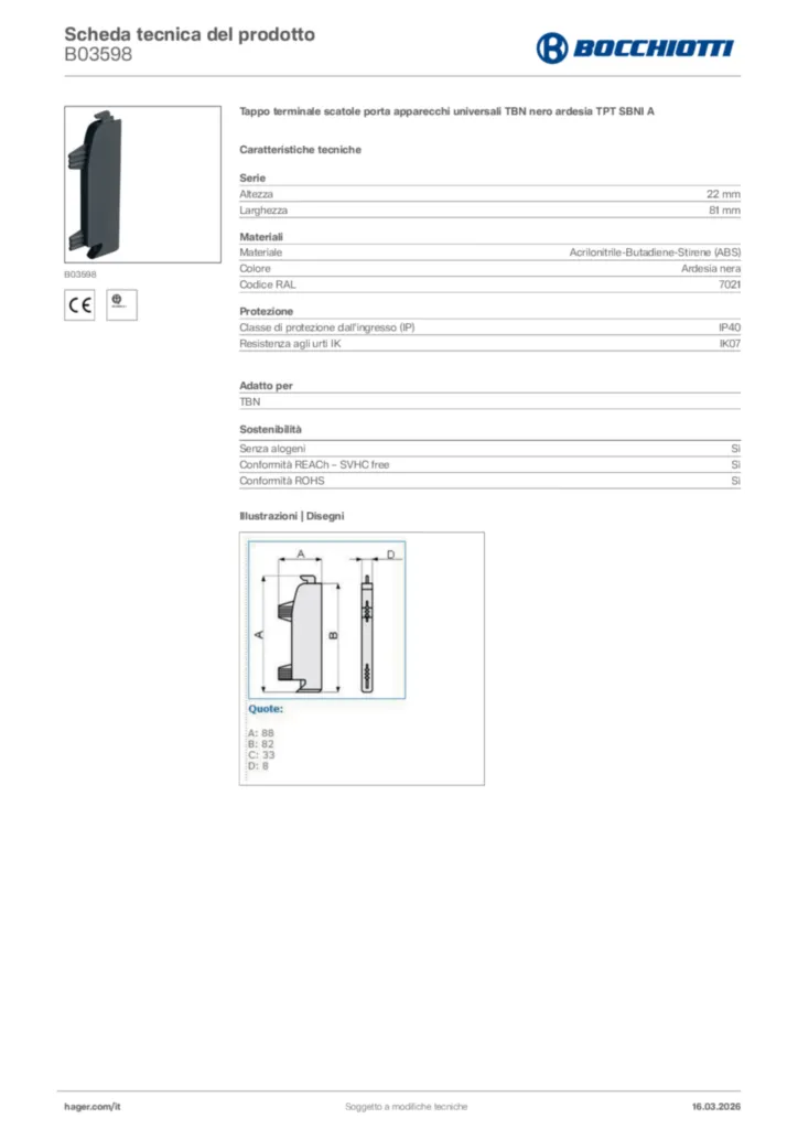 Immagine Bocchiotti Scheda tecnica del prodotto B03598 | Hager Italia
