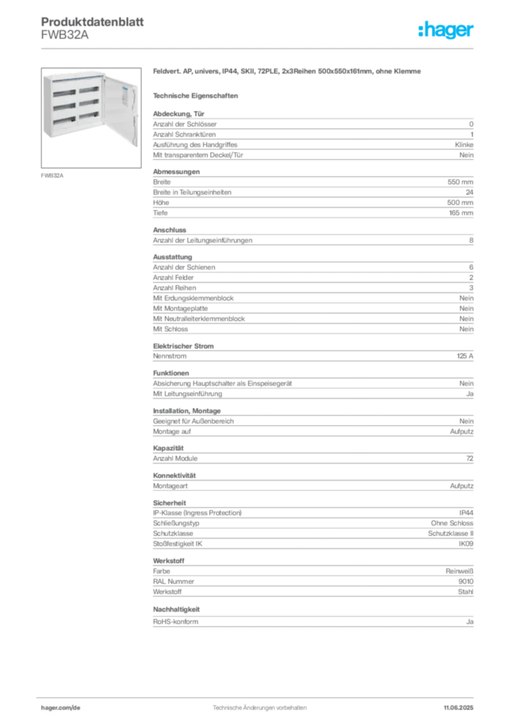 Bild Hager Produktdatenblatt FWB32A | Hager Deutschland