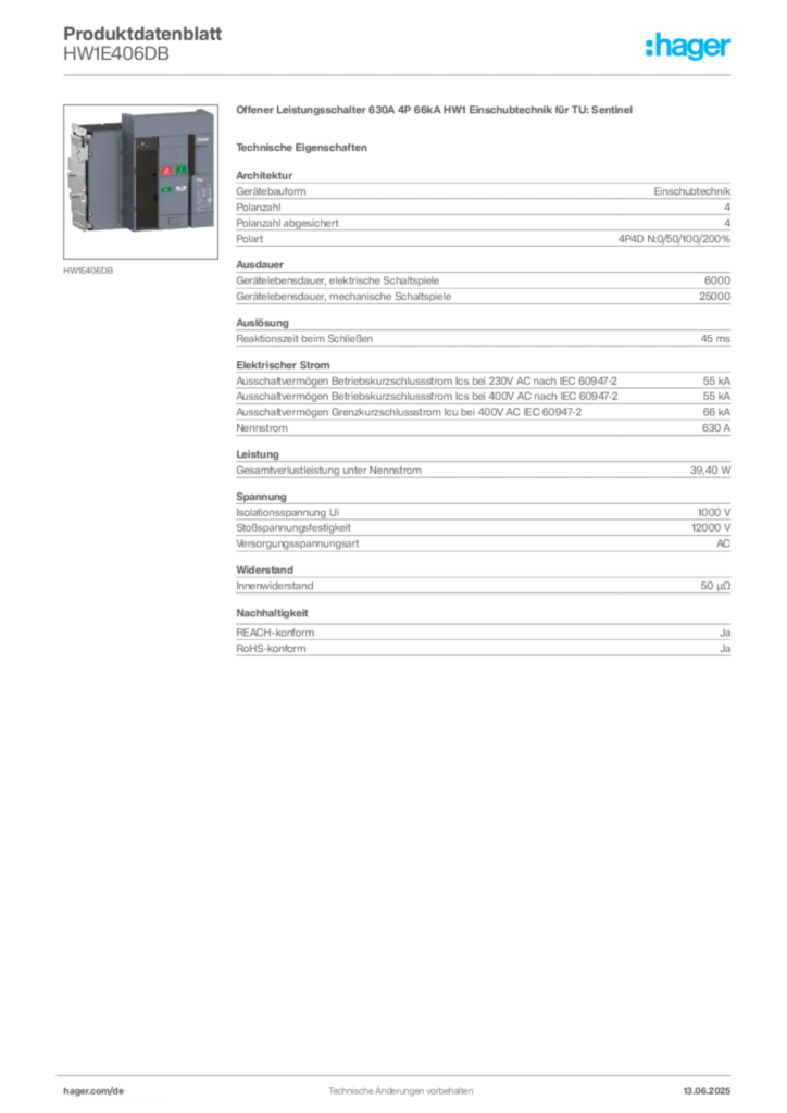 Bild Hager Produktdatenblatt HW1E406DB | Hager Deutschland