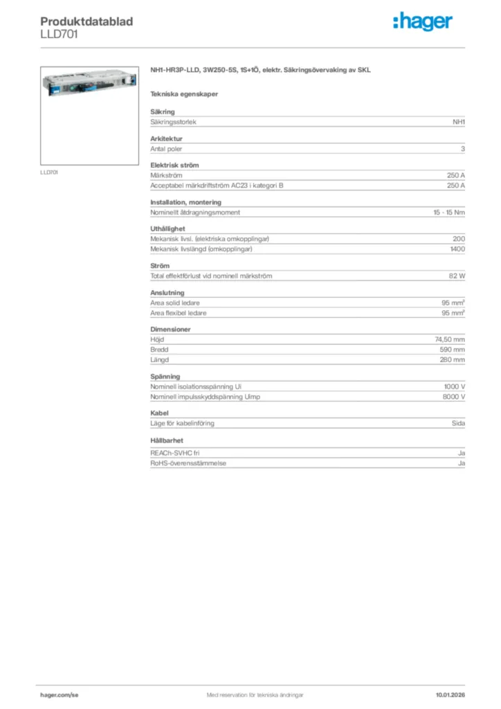 Bild Hager Produktdatablad LLD701 | Hager Sverige