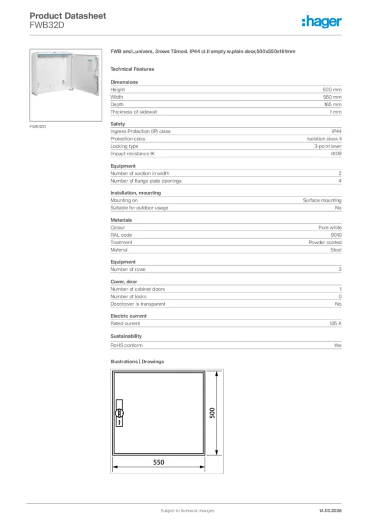 Image Hager Product data sheet FWB32D  | Hager Africa