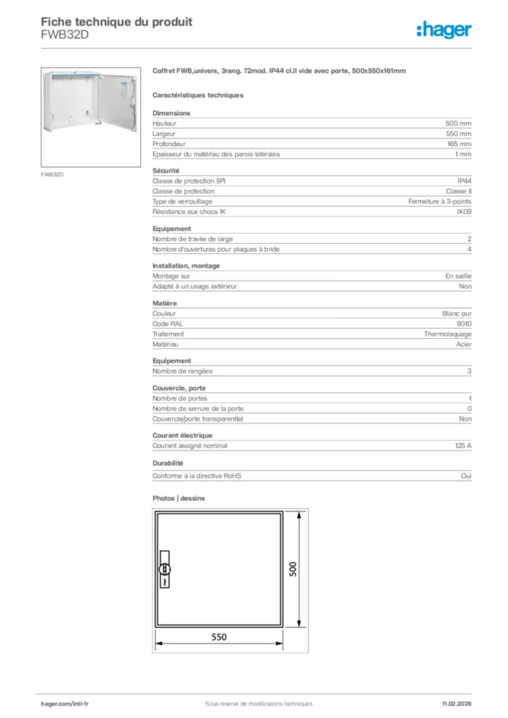 Image Hager Fiche technique du produit FWB32D | Hager Afrique