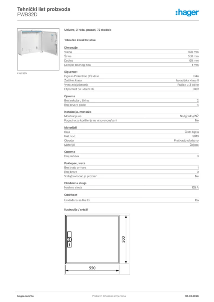 Slika Hager Tehnički list proizvoda FWB32D  | Hager