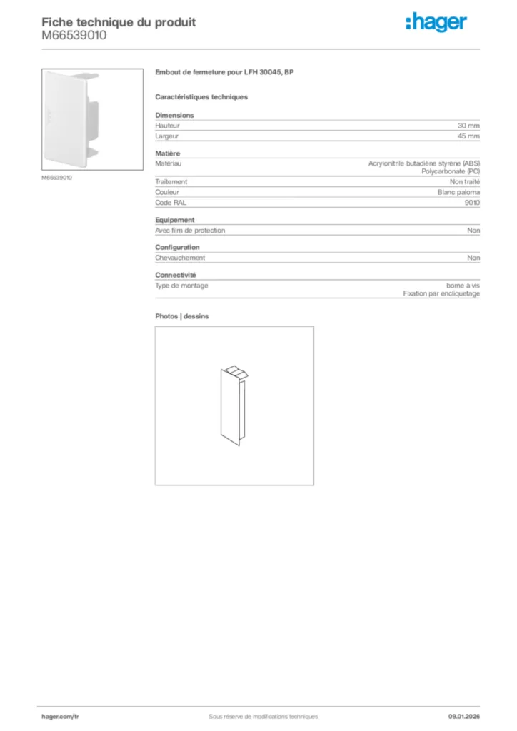 Image Hager Fiche technique du produit M66539010 | Hager France