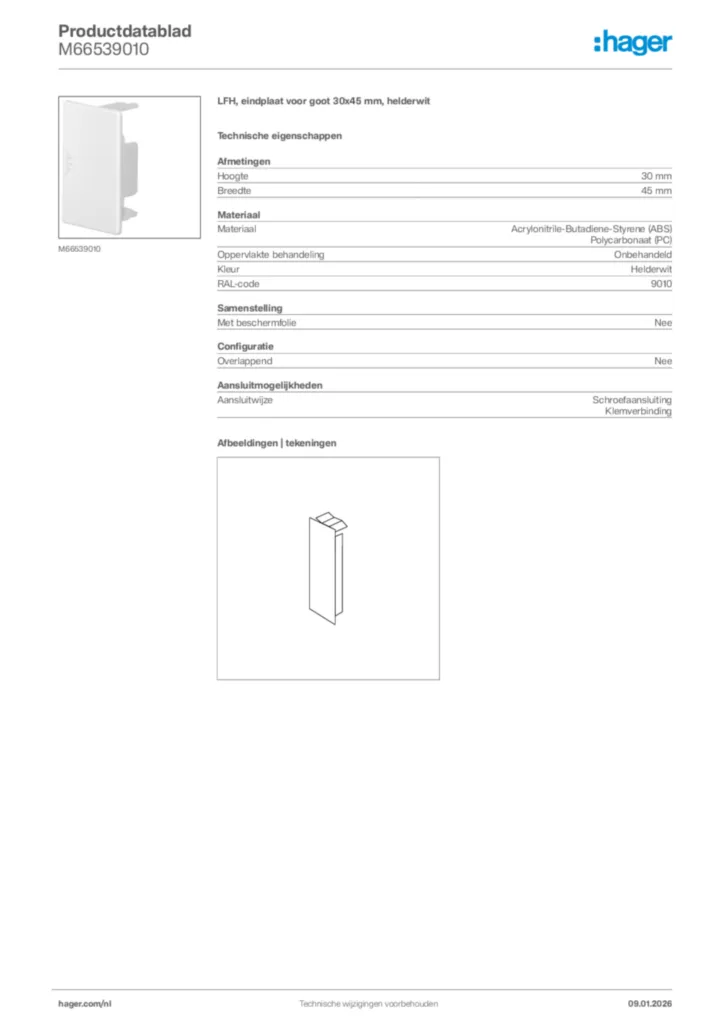 Afbeelding Hager Productdatablad M66539010 | Hager Nederland