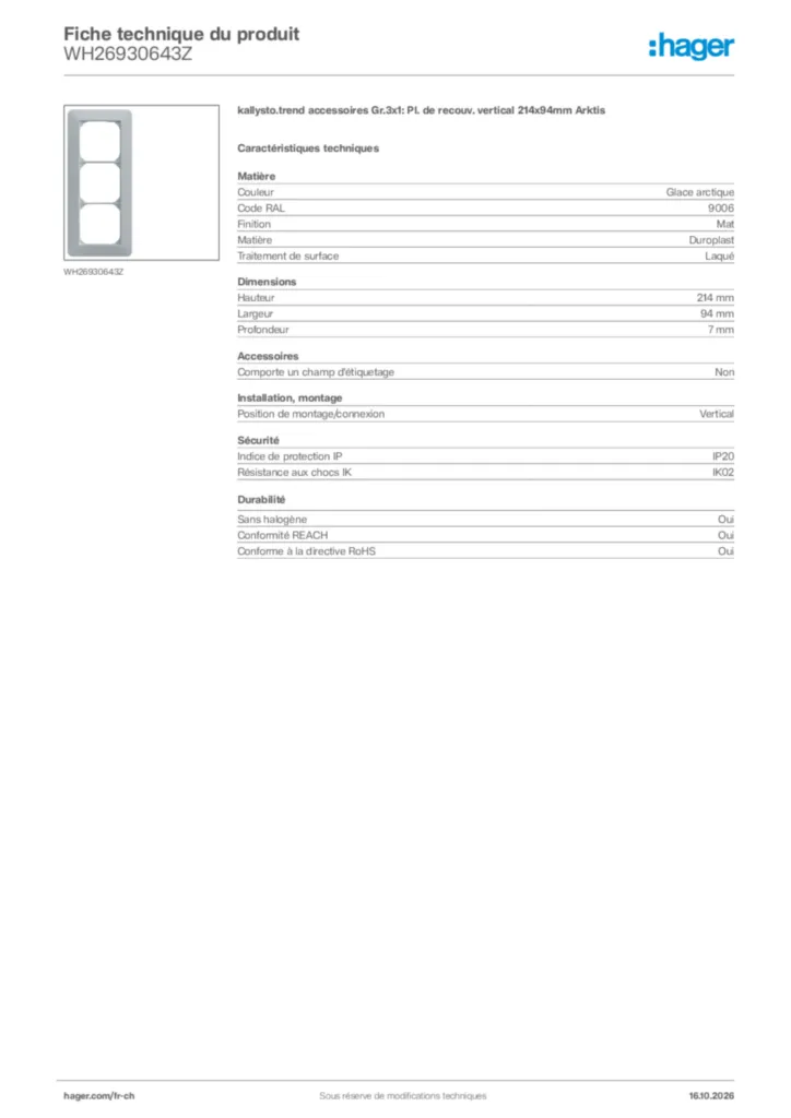 Image Hager Fiche technique du produit WH26930643Z | Hager Suisse