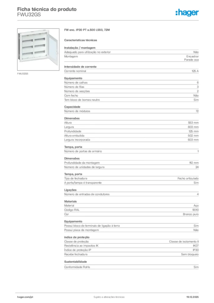 Imagem Hager Ficha técnica do produto FWU32GS | Hager Portugal