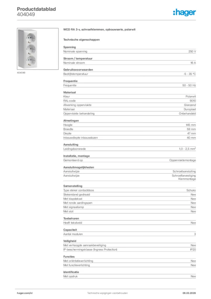 Afbeelding Hager Productdatablad 404049 | Hager Nederland