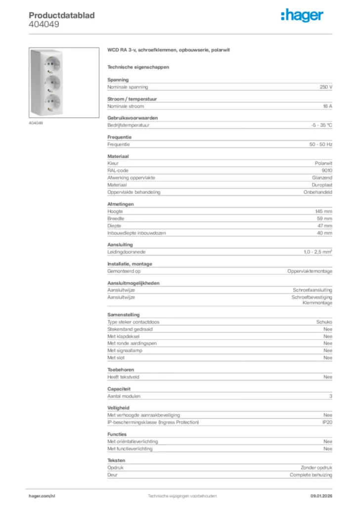 Afbeelding Hager Productdatablad 404049 | Hager Nederland