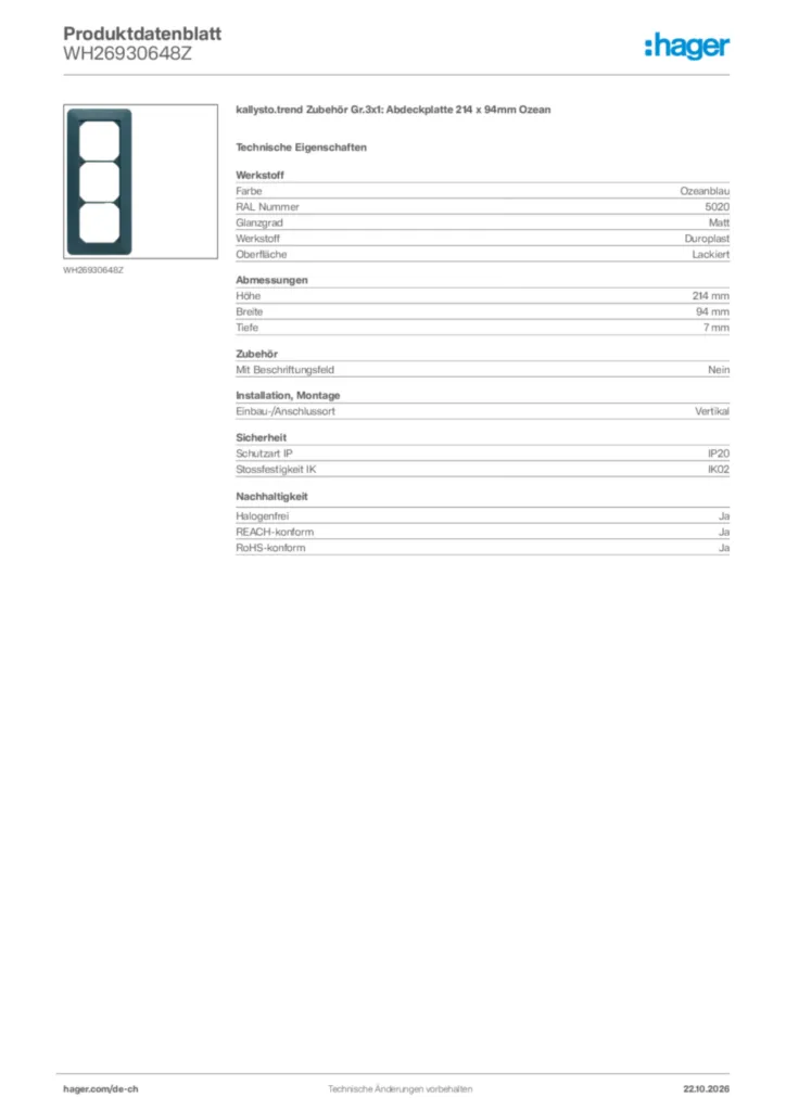 Bild Hager Produktdatenblatt WH26930648Z | Hager Schweiz