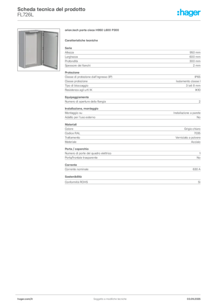 Immagine Hager Scheda tecnica del prodotto FL726L | Hager Italia