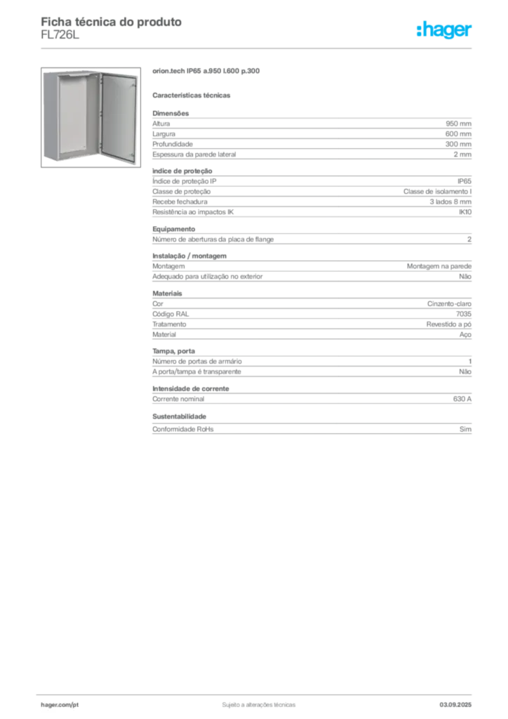 Imagem Hager Ficha técnica do produto FL726L | Hager Portugal