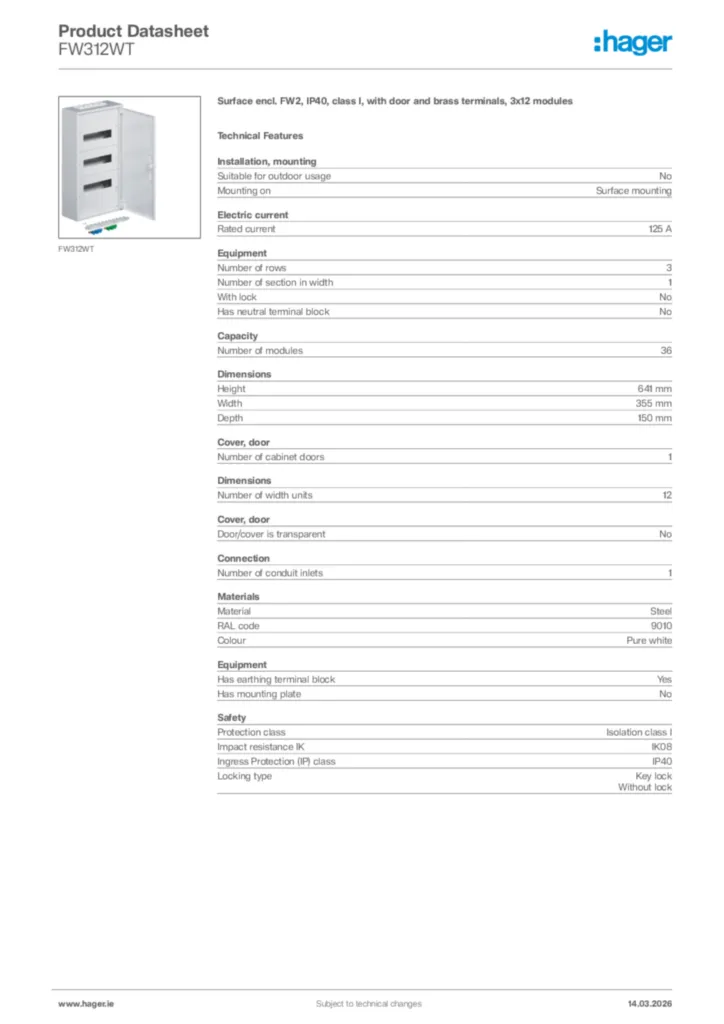 Image Hager Product data sheet FW312WT  | Hager