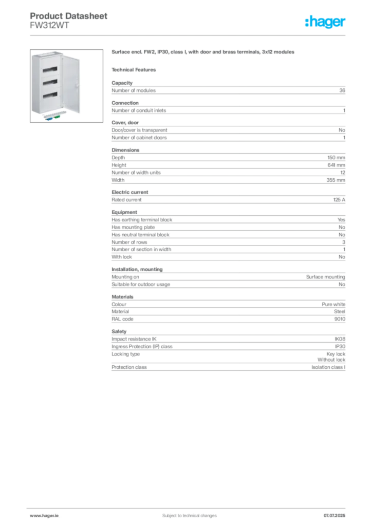 Image Hager Product data sheet FW312WT  | Hager