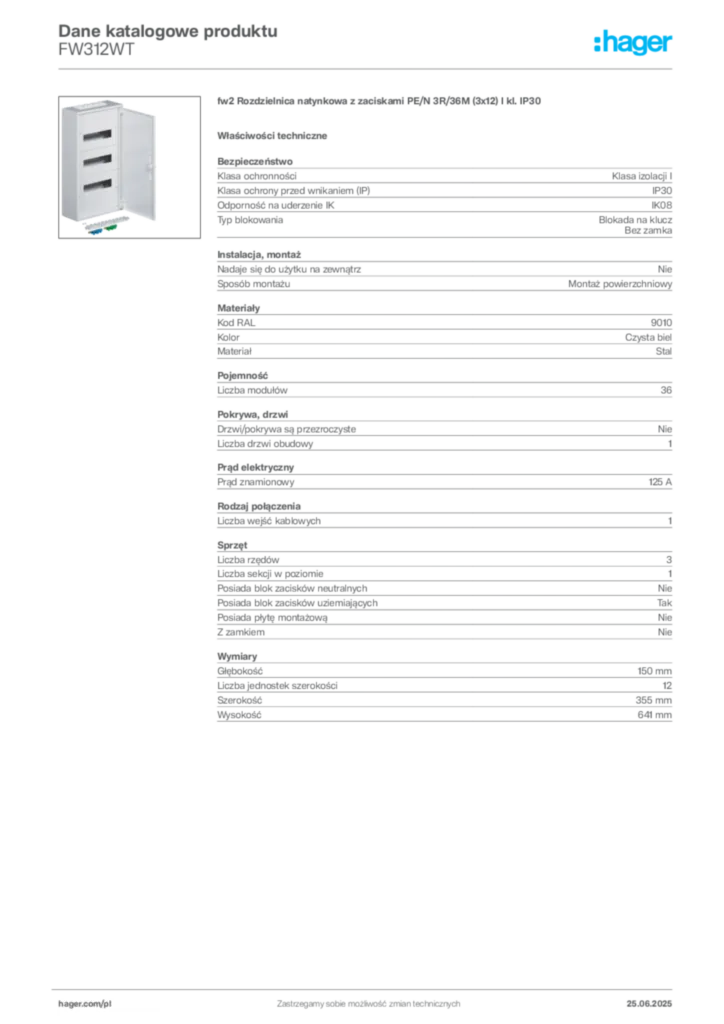 Zdjęcie Hager Karta katalogowa FW312WT | Hager Polska