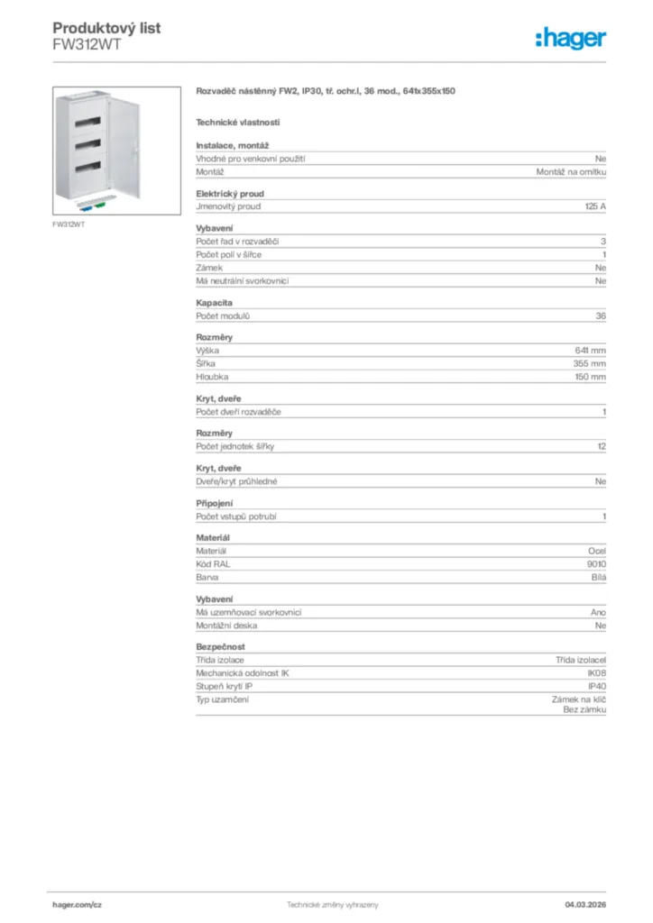 Obrázek Hager Product data sheet FW312WT | Hager