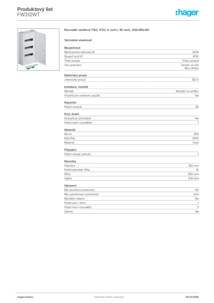 Obrázek Hager Produktový list FW312WT | Hager