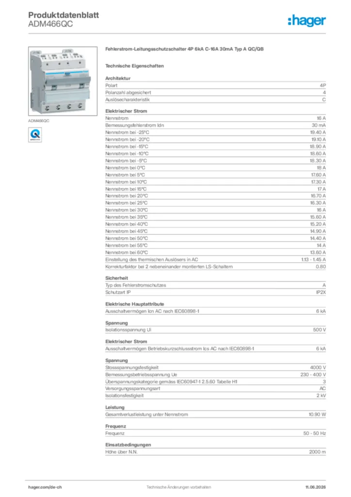 Bild Hager Produktdatenblatt ADM466QC | Hager Schweiz