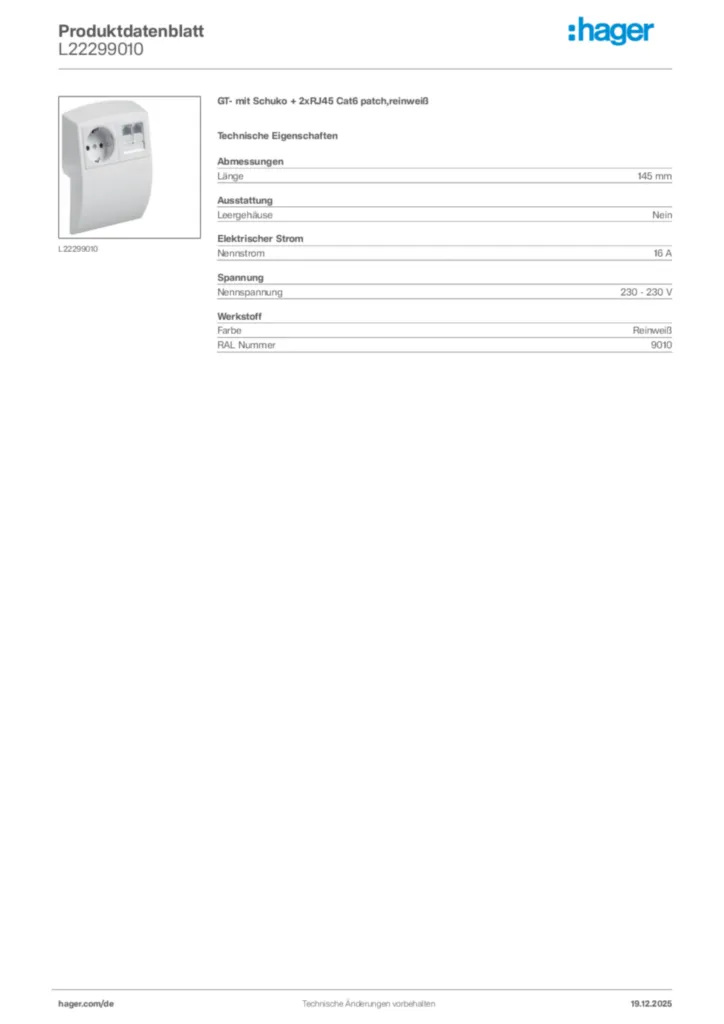 Bild Hager Produktdatenblatt L22299010 | Hager Deutschland