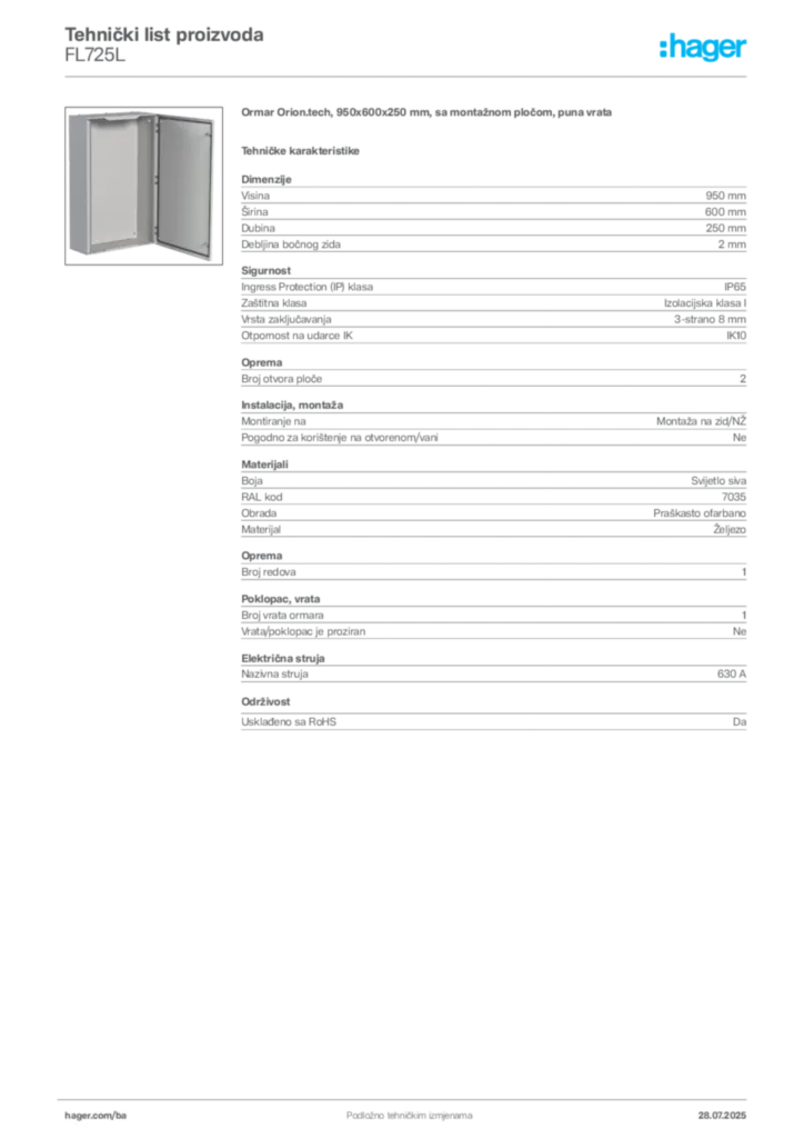 Slika Hager Product data sheet FL725L  | Hager