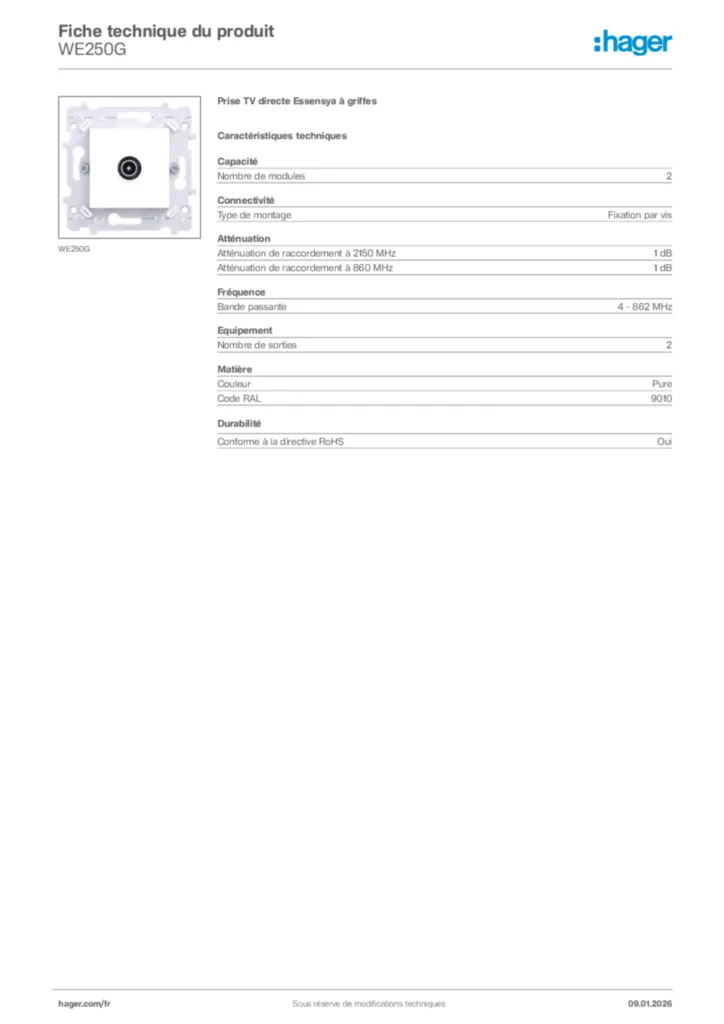 Image Hager Fiche technique du produit WE250G | Hager France