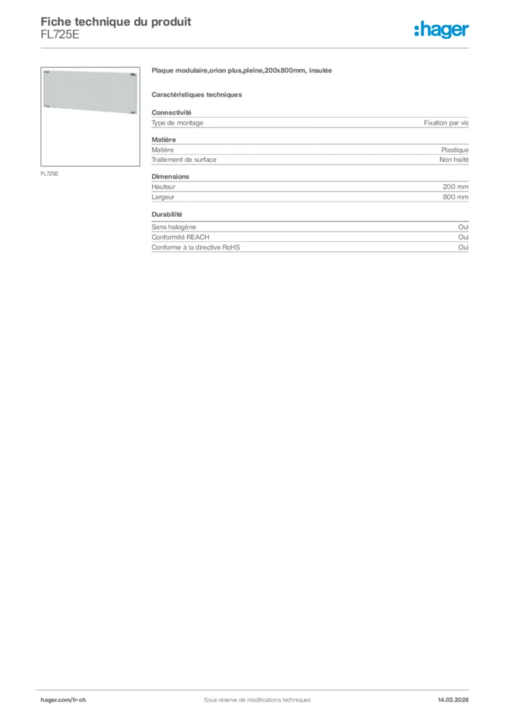 Image Hager Fiche technique du produit FL725E | Hager Suisse