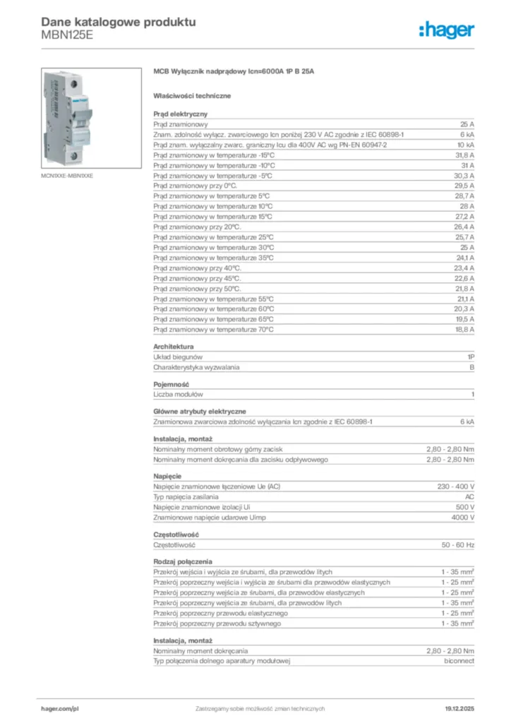 Zdjęcie Hager Karta katalogowa MBN125E | Hager Polska