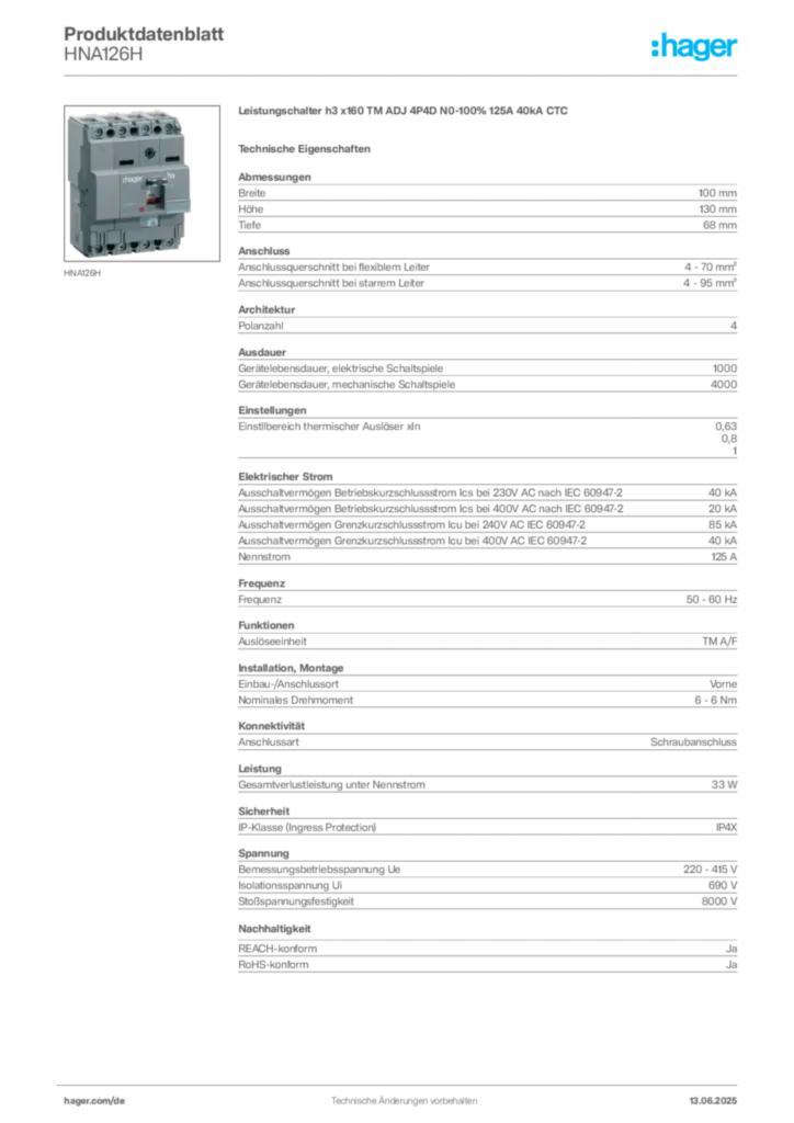 Hager Produktdatenblatt HNA126H