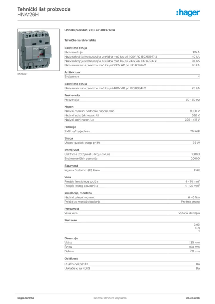 Slika Hager Tehnički list proizvoda HNA126H  | Hager
