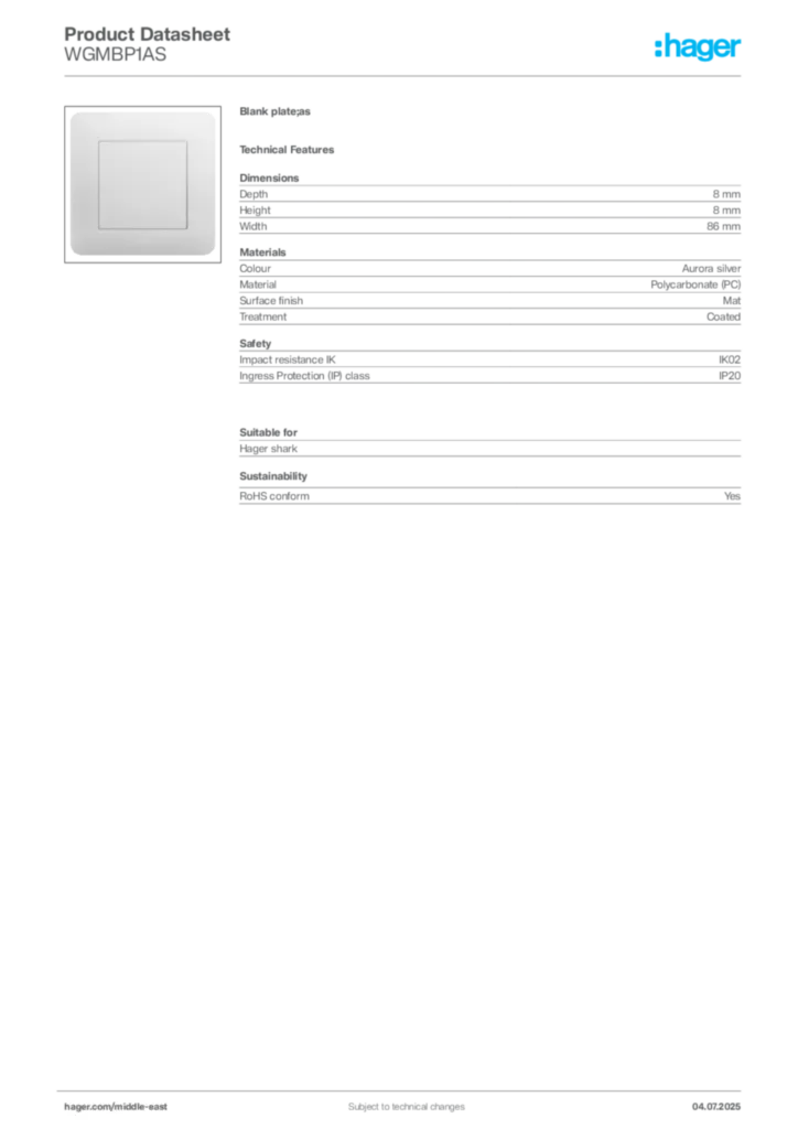 Image Hager Product data sheet WGMBP1AS  | Hager
