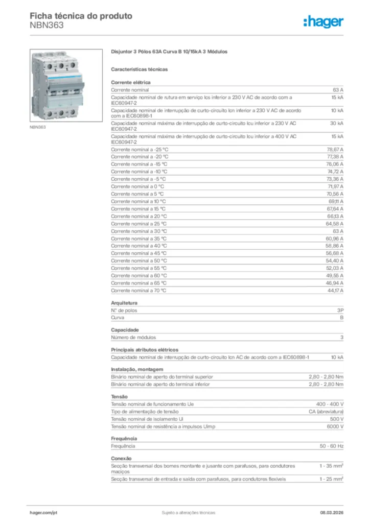 Imagem Hager Ficha técnica do produto NBN363 | Hager Portugal