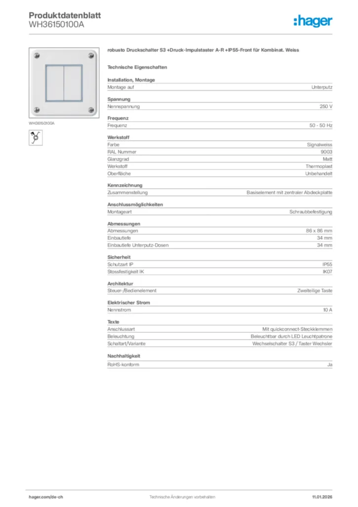 Bild Hager Produktdatenblatt WH36150100A | Hager Schweiz