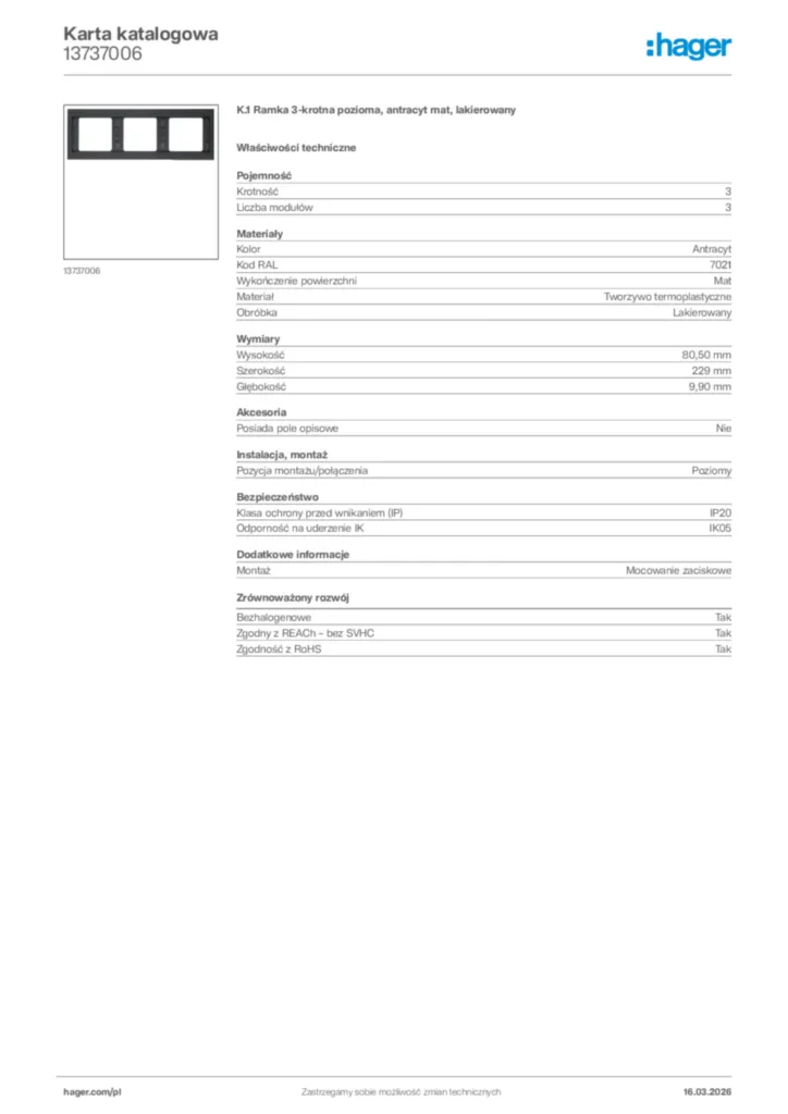 Zdjęcie Hager Karta katalogowa 13737006 | Hager Polska