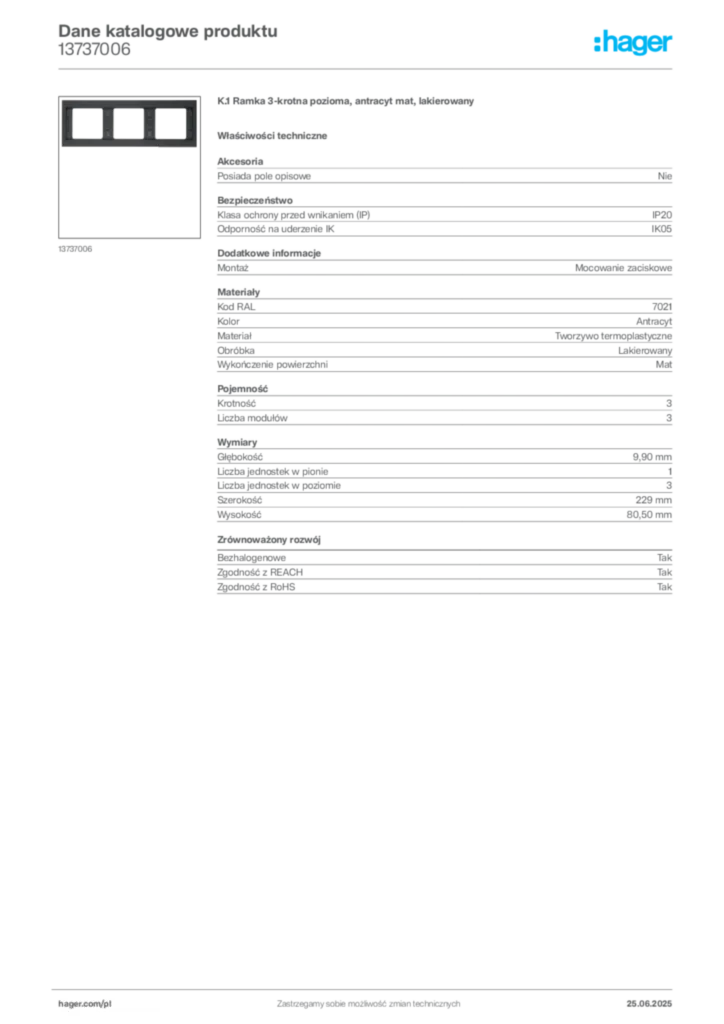 Zdjęcie Hager Karta katalogowa 13737006 | Hager Polska
