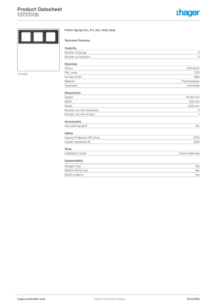 Image Hager Product data sheet 13737006  | Hager