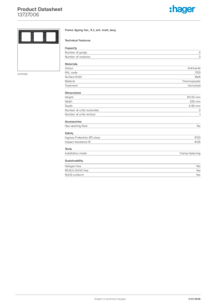 Image Hager Product data sheet 13737006  | Hager