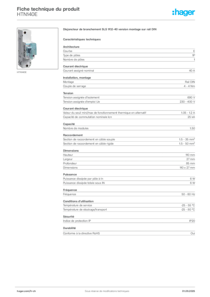 Image Hager Fiche technique du produit HTN140E | Hager Suisse