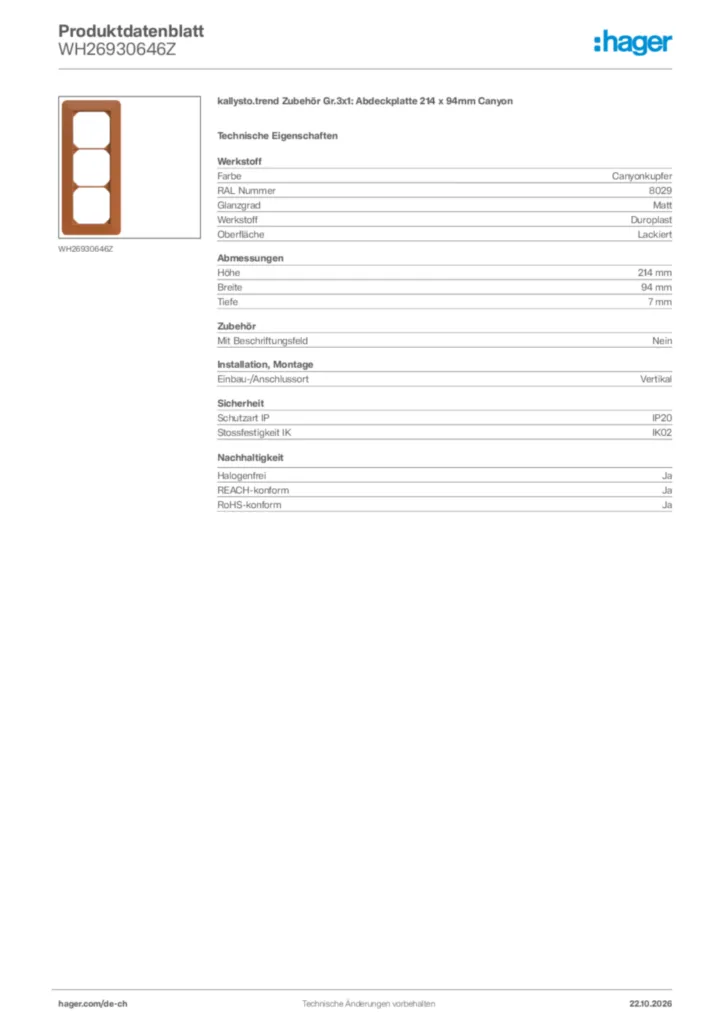 Bild Hager Produktdatenblatt WH26930646Z | Hager Schweiz