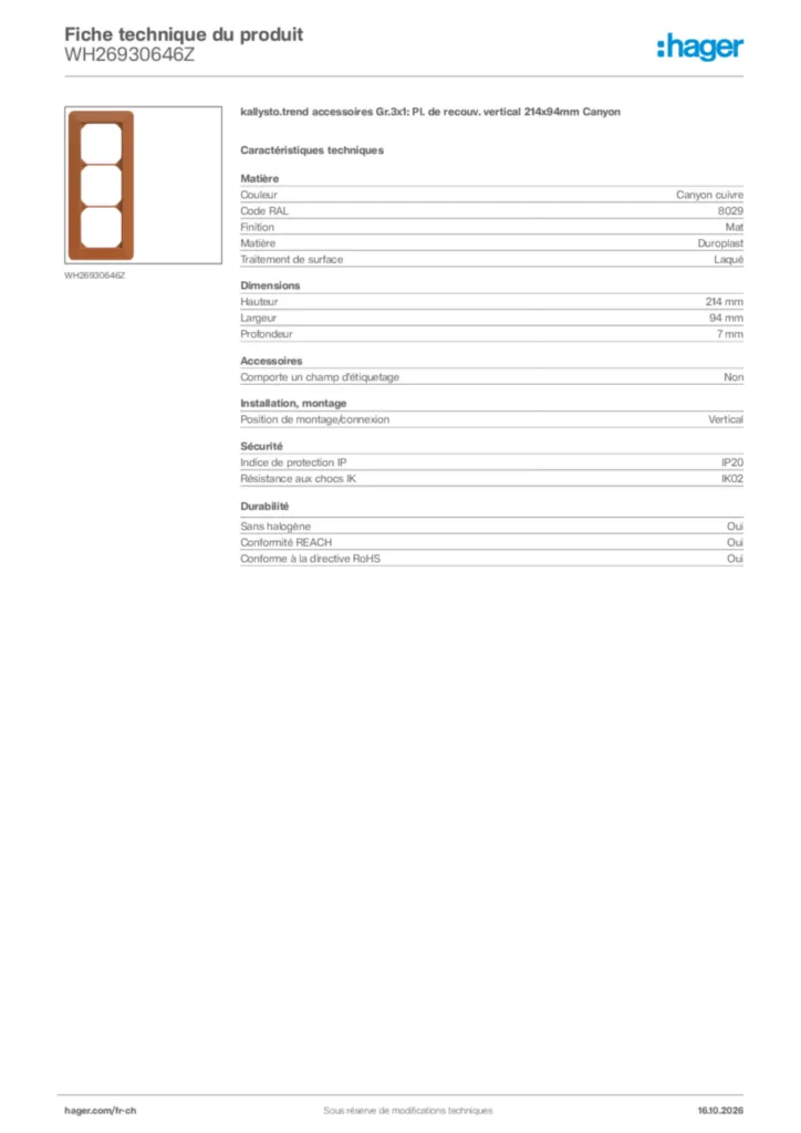 Image Hager Fiche technique du produit WH26930646Z | Hager Suisse