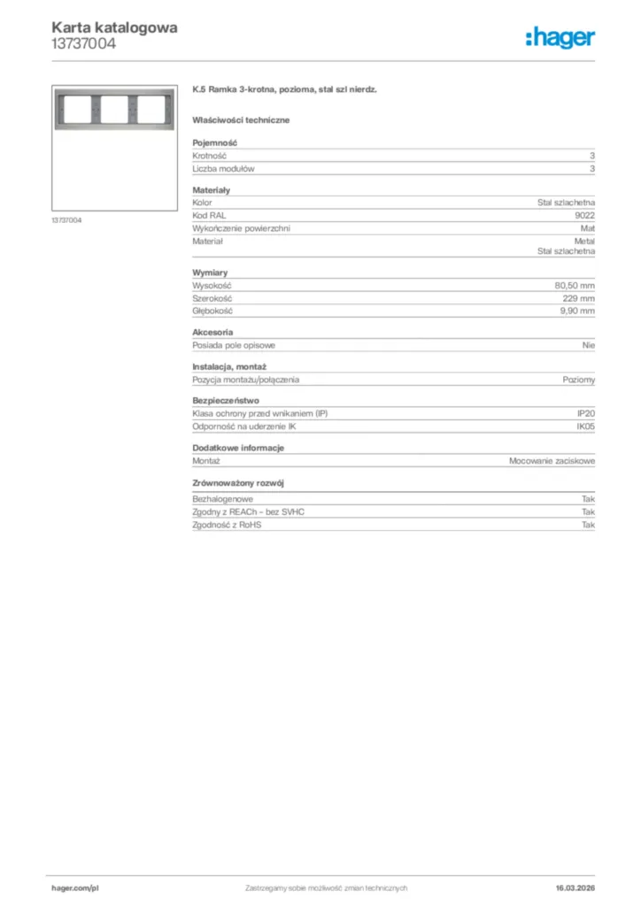 Zdjęcie Hager Karta katalogowa 13737004 | Hager Polska