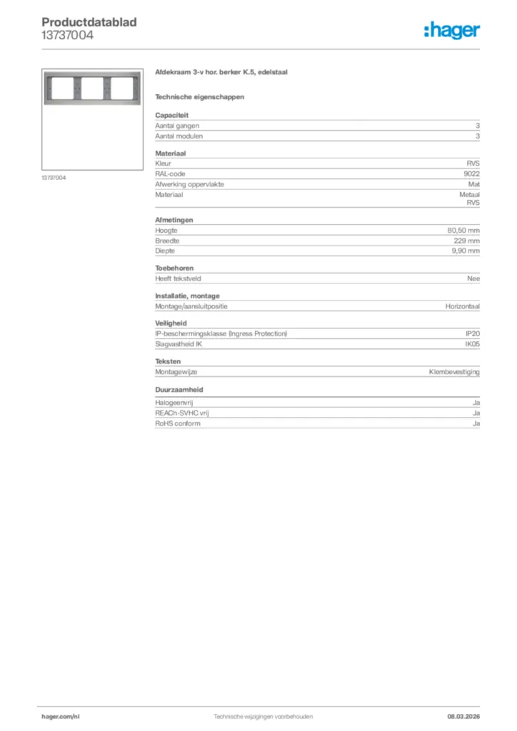 Afbeelding Hager Productdatablad 13737004 | Hager Nederland