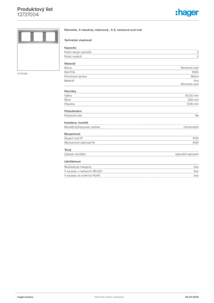 Obrázek Hager Product data sheet 13737004 | Hager