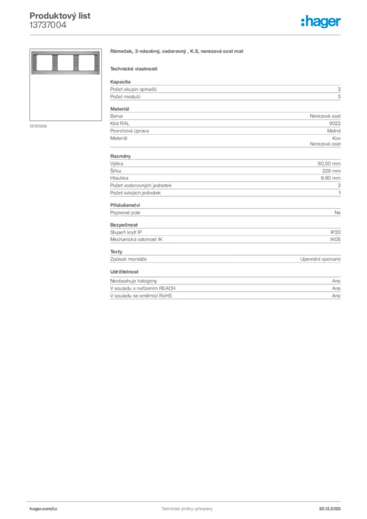 Obrázek Hager Produktový list 13737004 | Hager